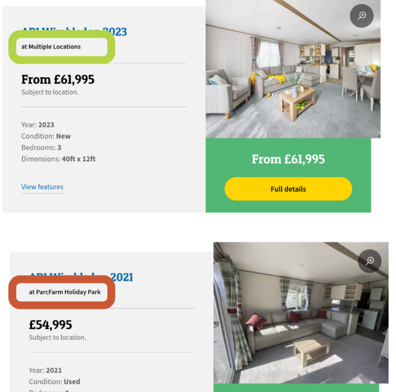 Caravans for sale at different parks